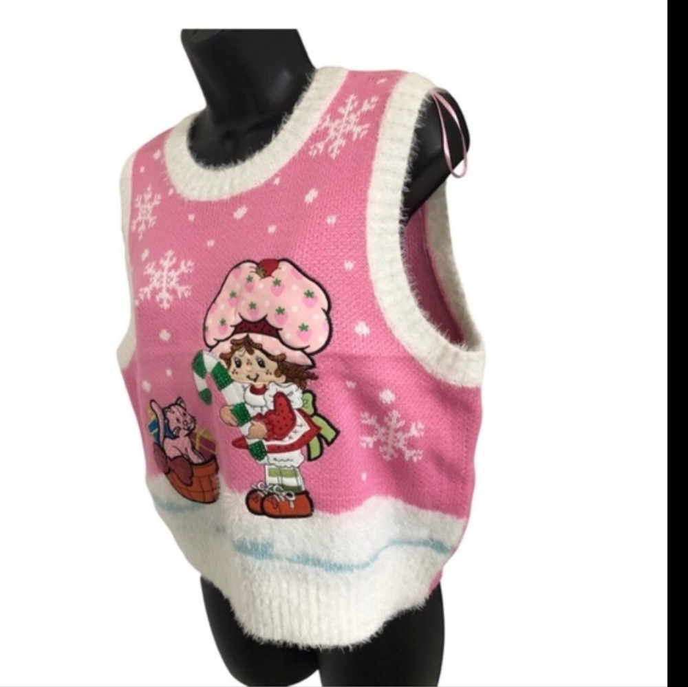 Strawberry shortcake snowflake cat candycane pink sweater vest size large new